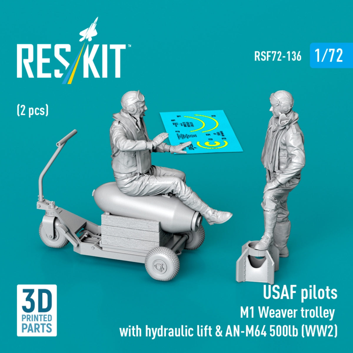 RESKIT RSF72-0136 USAF pilots (2pcs) &amp; M1 Weaver Hydraulic bomb lift &amp; AN-M64 500lb (WW2) (3D Printed) 1/72