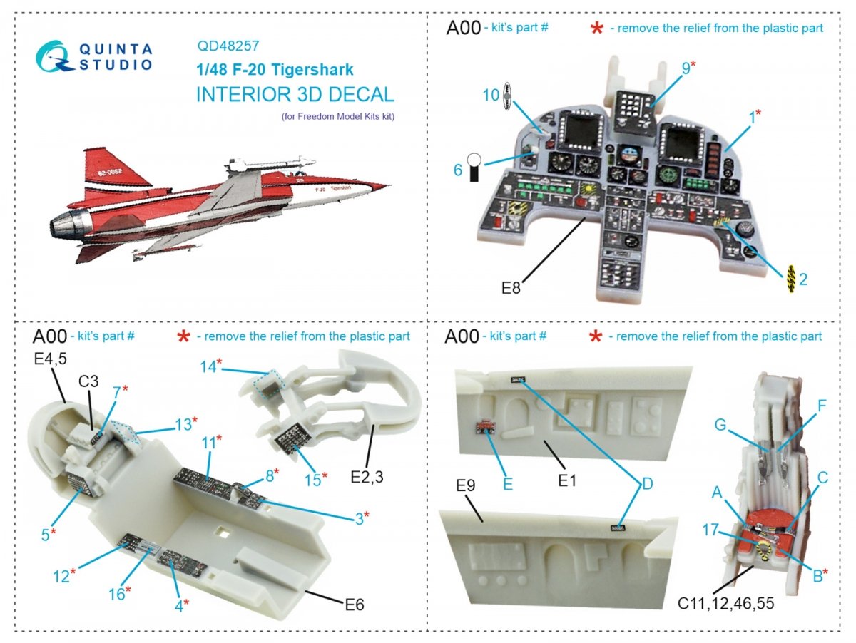 Quinta Studio QD48257 F-20 Tigershark 3D-Printed &amp;amp; coloured Interior on decal paper (Freedom Model) 1/48 – Bild 2