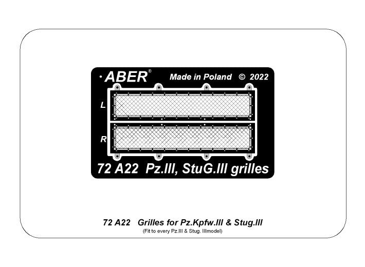 Aber 72A22 Siatki do Czołgu Pz.Kpfw.III i działa Stug.III / Grills for Pz.Kpfw. III &amp;amp; StuG III 1/72