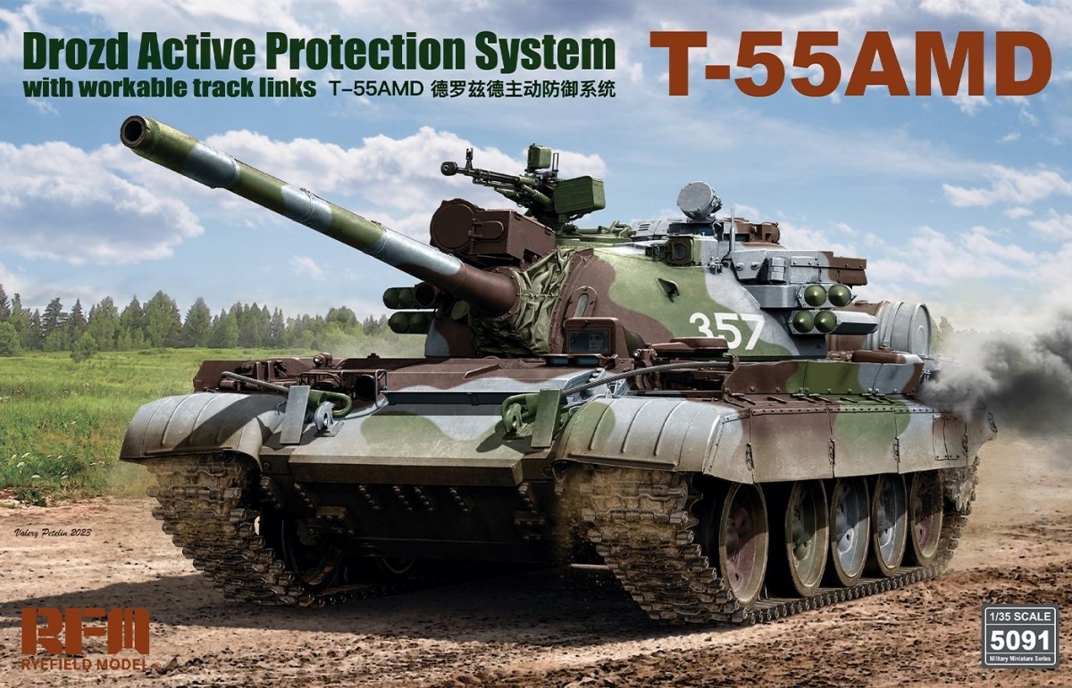 Maquette Rye Field 5091 T-55AMD Drozd APS avec chenilles fonctionnelles, échelle 1/35