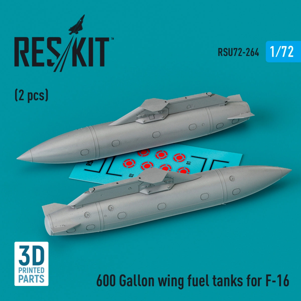 Réservoirs de carburant d'aile RESKIT RSU72-0264 de 600 gallons pour F-16 (2 pièces) (Impression 3D) 1/72