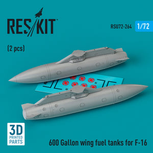 Réservoirs de carburant d&amp;#39;aile RESKIT RSU72-0264 de 600 gallons pour F-16 (2 pièces) (Impression 3D) 1/72