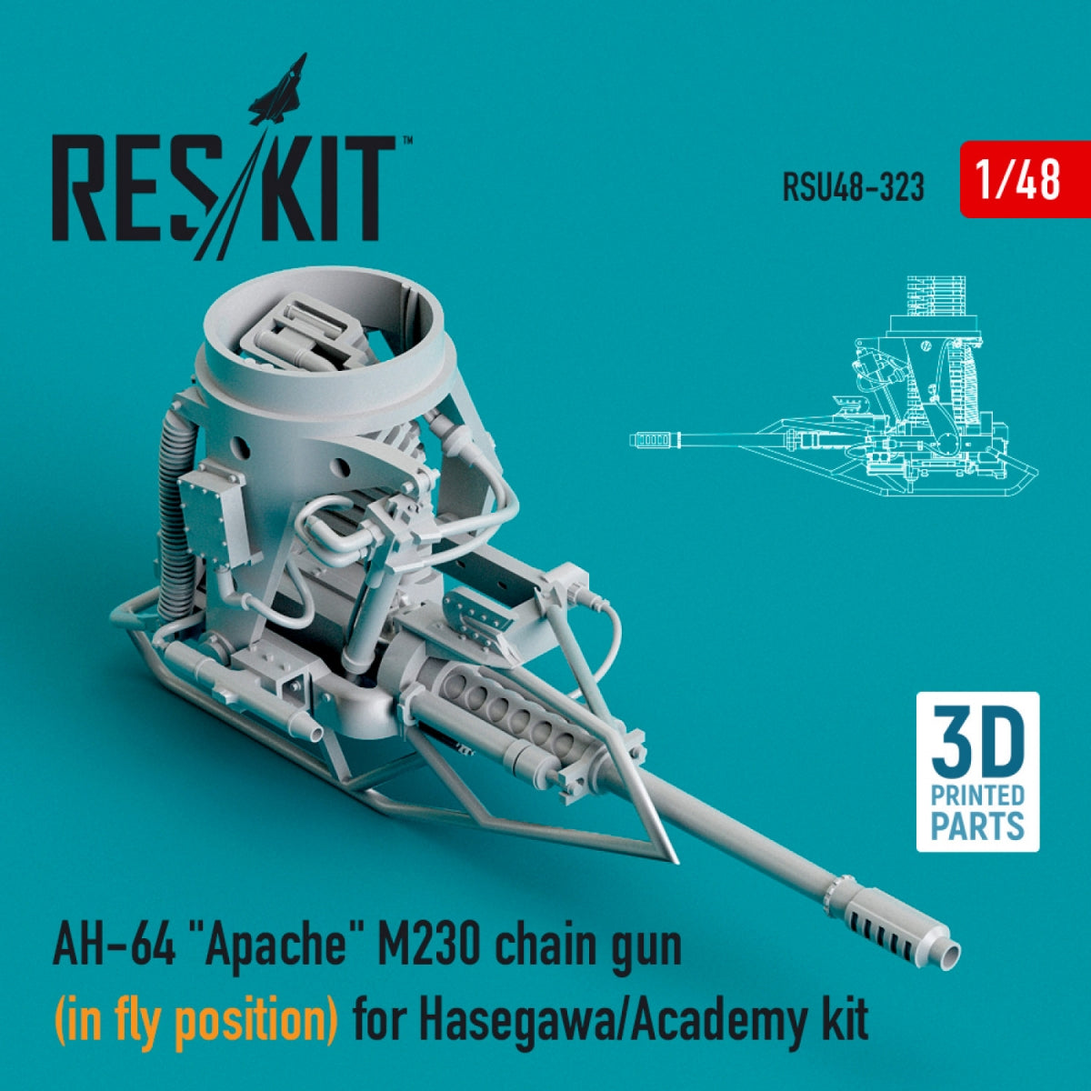 RESKIT RSU48-0323 AH-64 "APACHE" M230 CHAIN ​​GUN (IN FLY POSITION) FOR HASEGAWA/ACADEMY KIT (3D PRINTED) 1/48