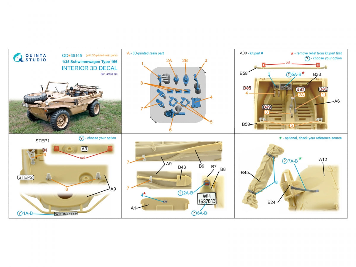Quinta Studio QD+35145 Schwimmwagen Type 166 3D-Printed &amp;amp; coloured Interior on decal paper (Tamiya) (with 3D-printed resin parts) 1/35 – zdjęcie 14