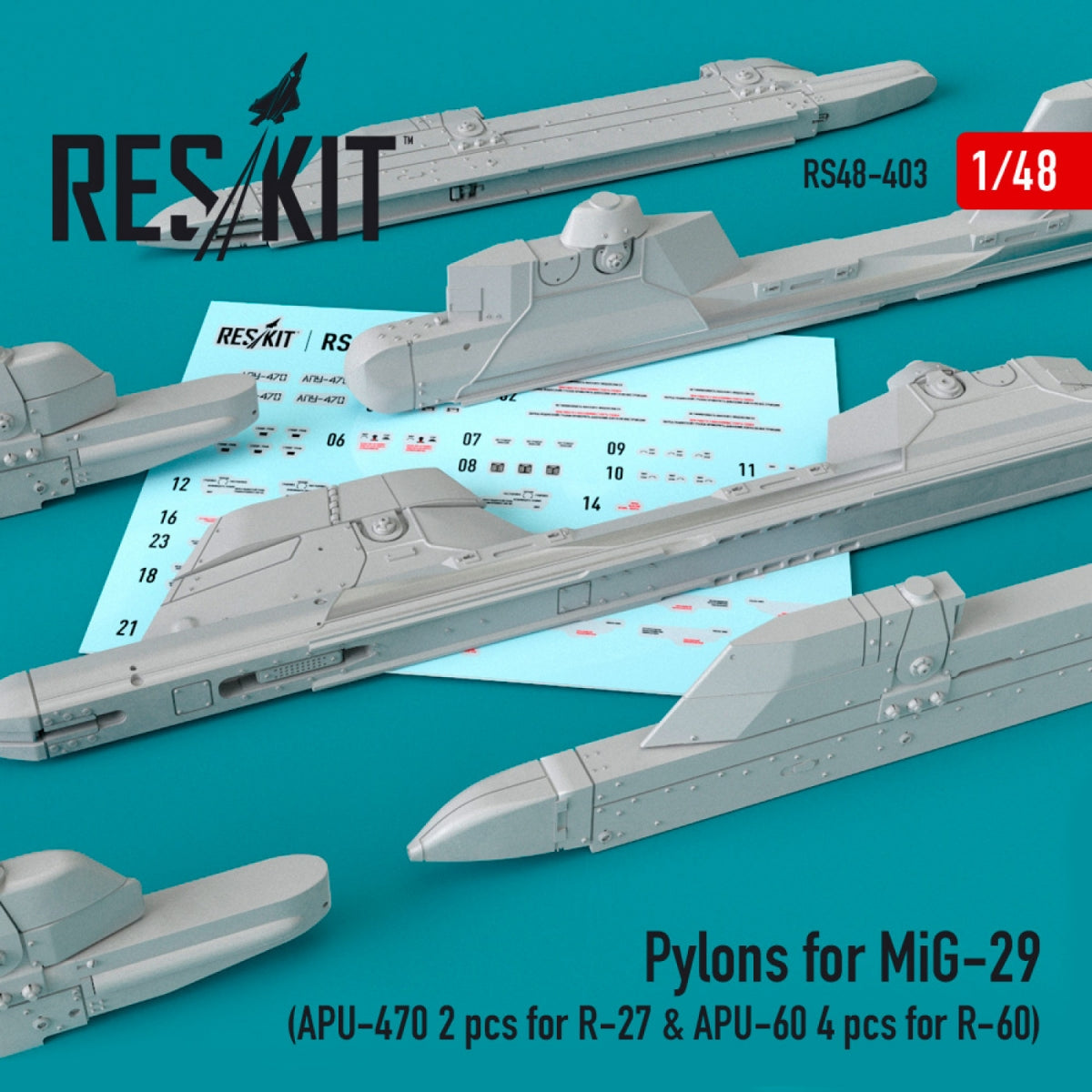 RESKIT RS48-0403 PYLÔNES POUR MIG-29 (APU-470 2 PIÈCES POUR R-27 ET APU-60 4 PIÈCES POUR R-60) 1/48