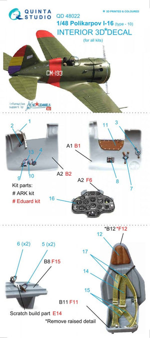Quinta Studio QD48022 I-16 type 10 3D-Printed &amp;amp; coloured Interior on decal paper (for all kits) 1/48 – imagen 6