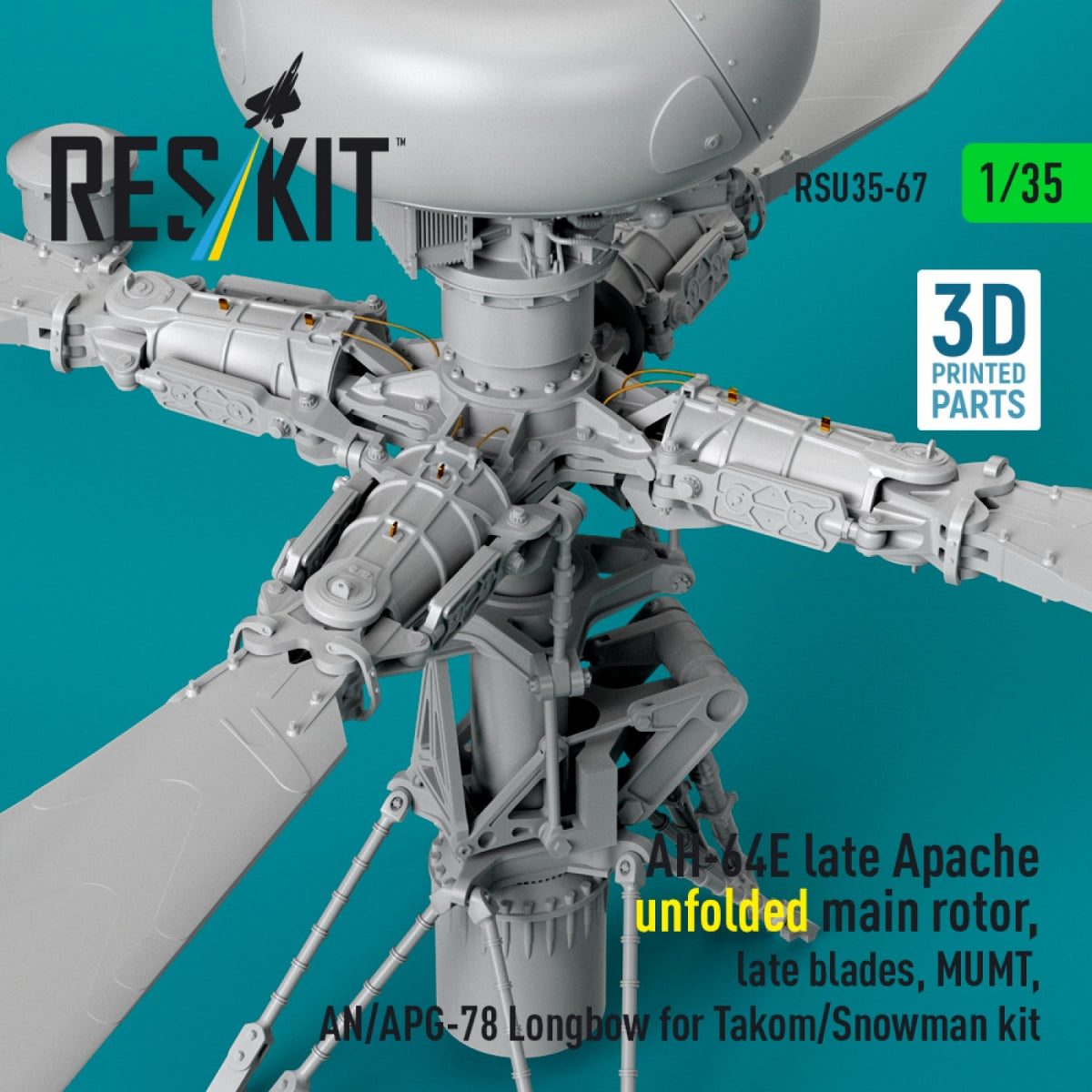 RESKIT RSU35-0067 AH-64E late Apache unfolded main rotor, late blades, MUMT, AN/APG-78 Longbow for Takom/Snowman kit (3D Printed) 1/35