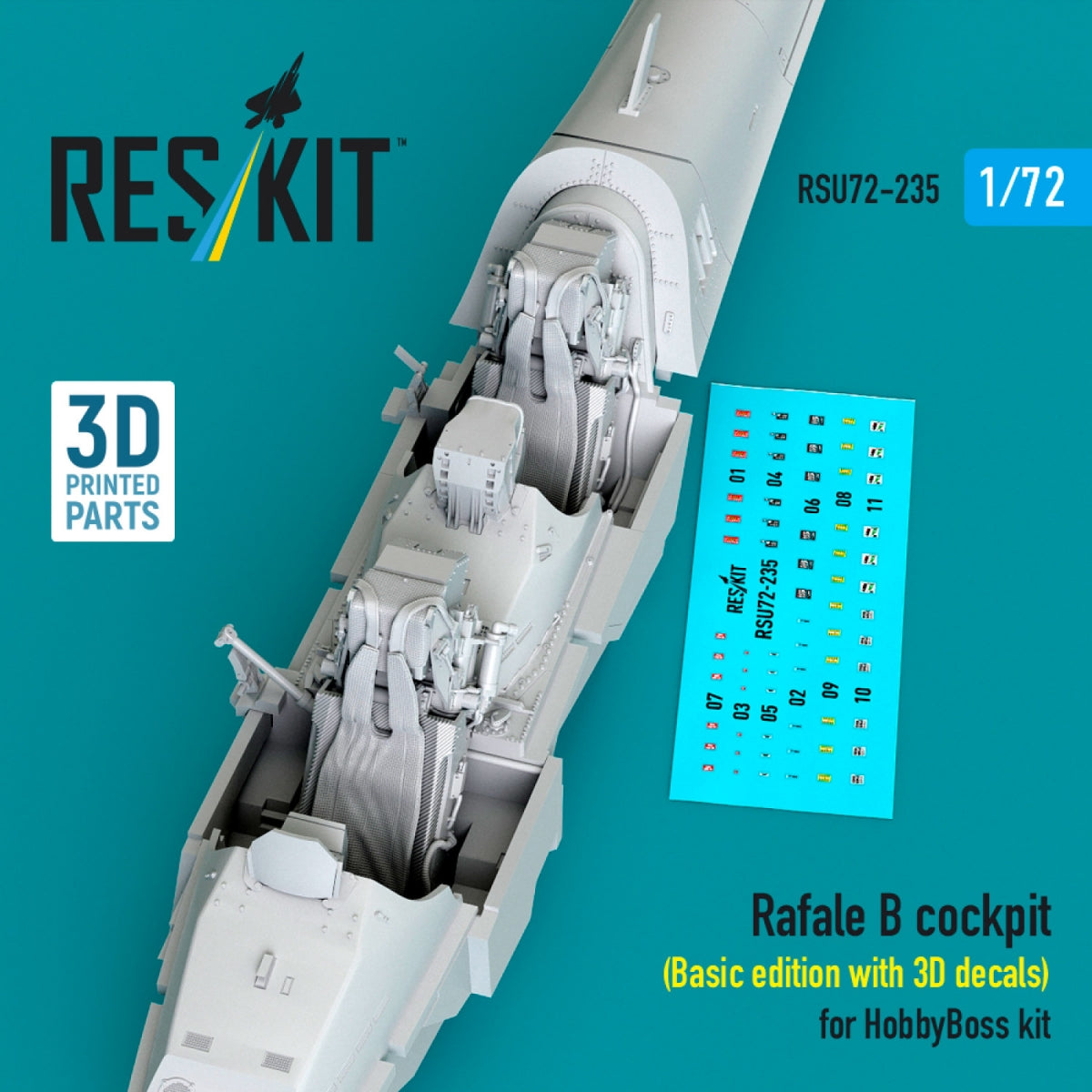 RESKIT RSU72-0235 Rafale B cockpit (Basic edition with 3D decals) for HobbyBoss kit (3D Printed) 1/72