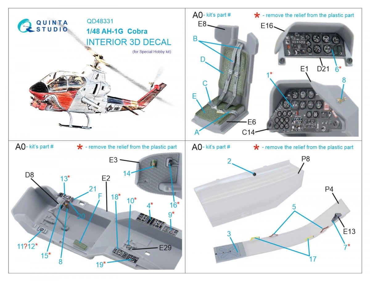 Intérieur imprimé en 3D et coloré sur papier décalcomanie Quinta Studio QD48331 AH-1G (Special Hobby) 1/48 – image 6