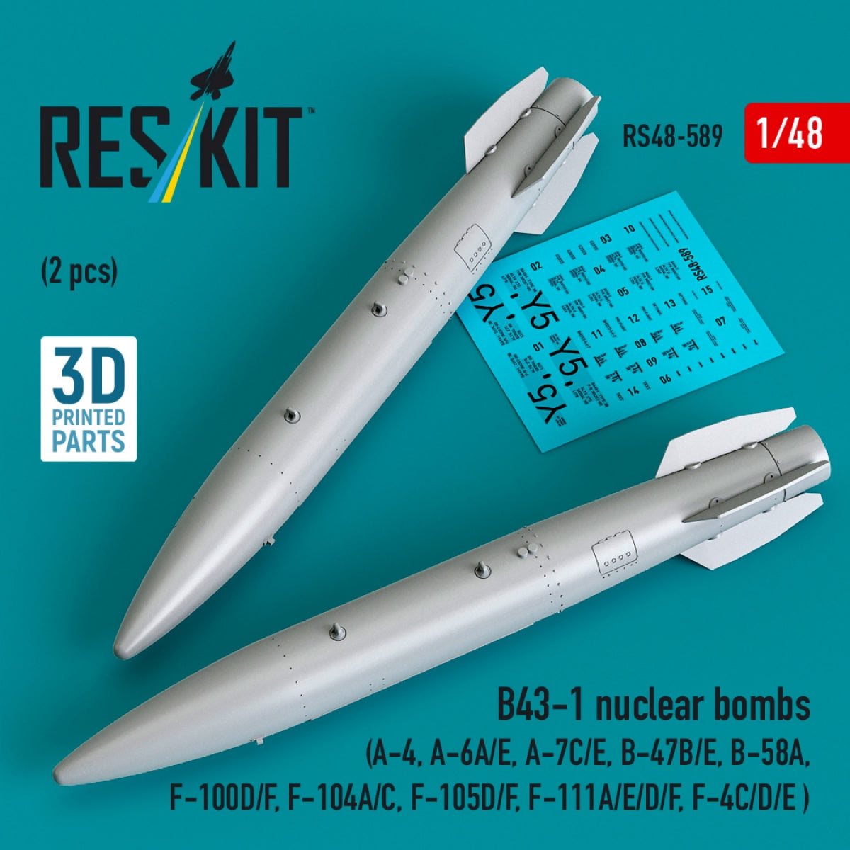 RESKIT RS48-0589 B43-1 nuclear bombs (2 pcs) (A-4, A-6A/E, A-7C/E, B-47B/E, B-58A, F-100D/F, F-104A/C, F-105D/F, F-111A/D/E/F, F-4C/D/E ) (3D Printed) 1/48