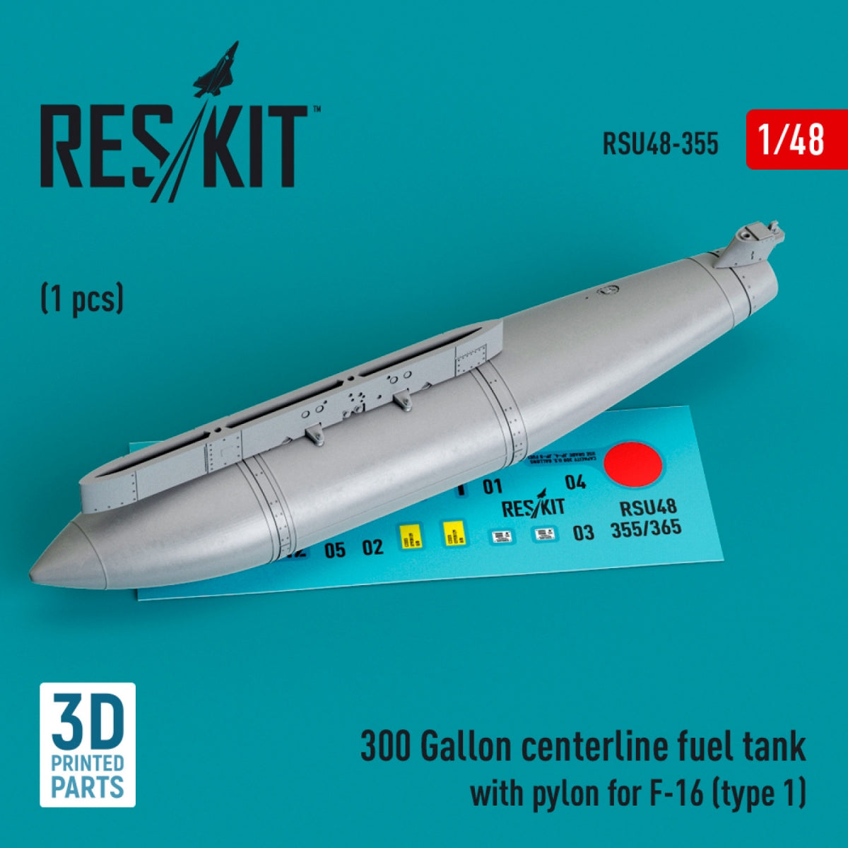RESKIT RSU48-0355 300 Gallon centerline fuel tank with pylon for F-16 (type 1) (1 pcs) (3D Printed) 1/48