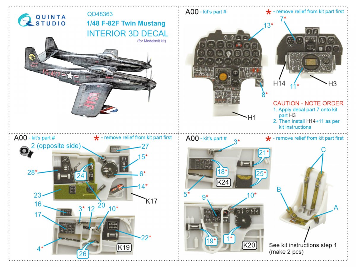 Quinta Studio QD48363 F-82F Twin Mustang 3D-Printed &amp;amp; coloured Interior on decal paper (Modelsvit) 1/48 – immagine 12
