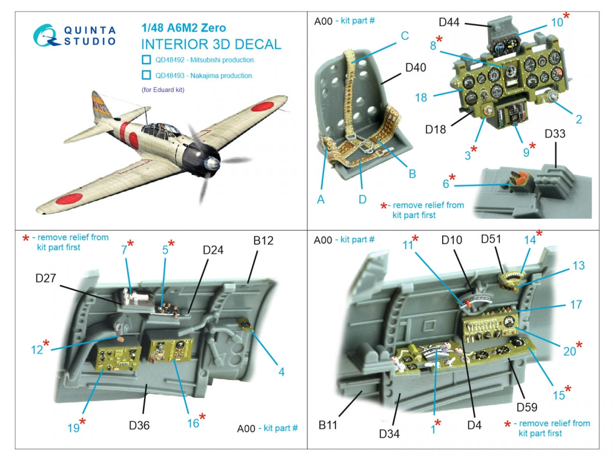 Quinta Studio QD48492 A6M2 Zero Mitsubishi Production 3D-Printed coloured Interior on decal paper (Eduard) 1/48 – imagen 2
