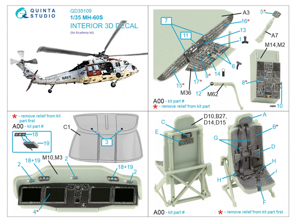 Quinta Studio QD35109 MH-60S 3D-Printed &amp;amp; coloured Interior on decal paper (Academy) 1/35 – immagine 2