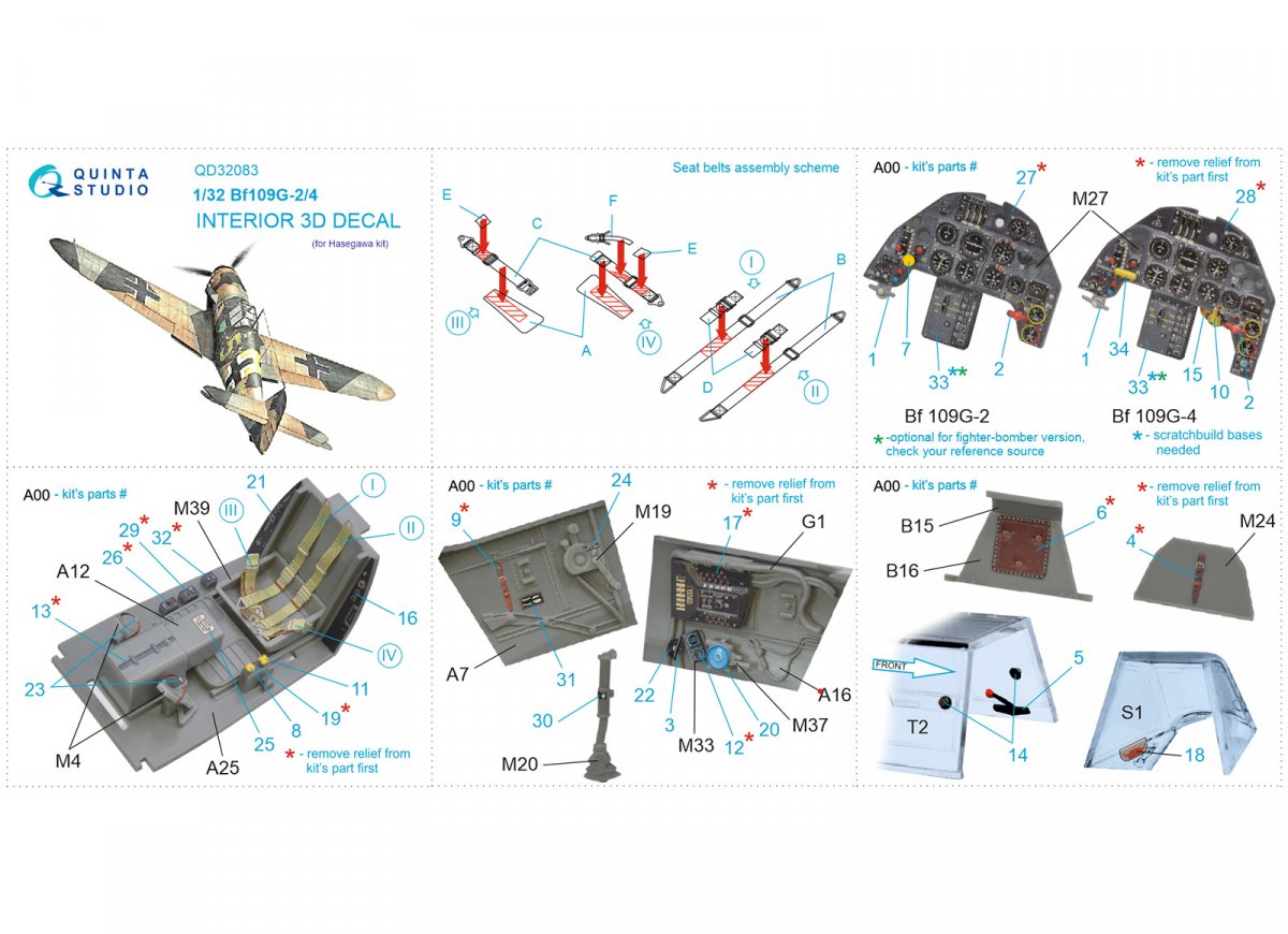 Quinta Studio QD32083 Bf 109G-2/G-4 3D-Printed &amp;amp; coloured Interior on decal paper (Hasegawa) 1/32 – immagine 7