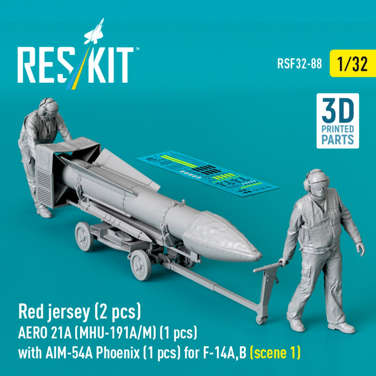 RESKIT RSF32-0088 Red jersey (2 pcs) AERO 21A (MHU-191A/M) (1 pcs) with AIM-54A Phoenix (1 pcs) for F-14A,B (scene 1) (3D Printed) 1/32