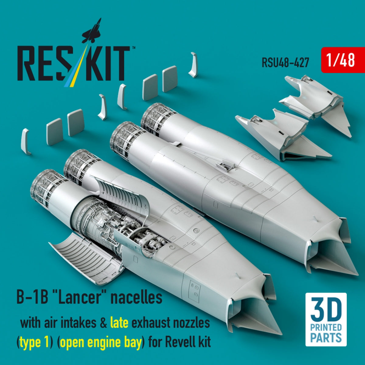RESKIT RSU48-0427 B-1B "Lancer" nacelles with air intakes & late exhaust nozzles (type 1) (open engine bay) for Revell kit (3D Printed) 1/48