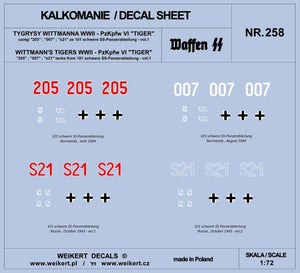 Weikert Decals DEC258 WITTMANN&amp;#39;S TIGERS - Char Pzkpfw VI TIGER - 101 schwere SS-Panzerabteilung - vol.1 1/72