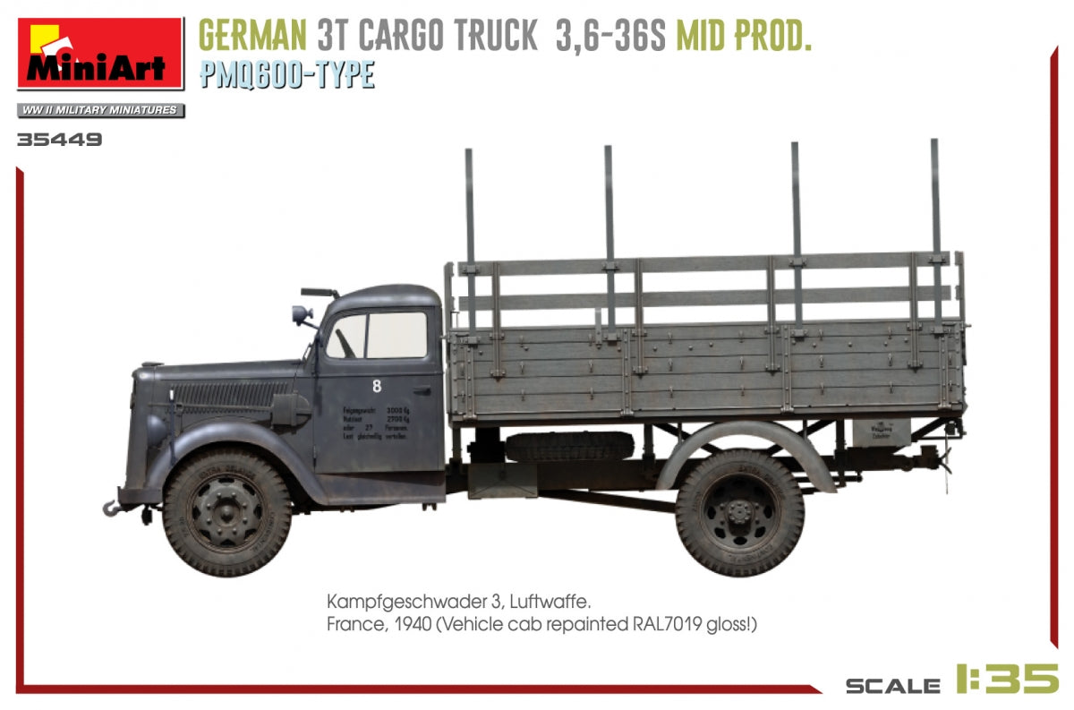 Miniart 35449 GERMAN 3T CARGO TRUCK 3,6-36S MID PROD. PMQ600-TYPE 1/35 – Bild 8