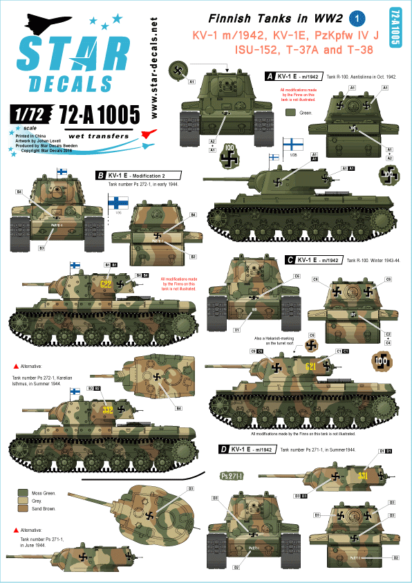 Star Decals 72-A1005 Chars finlandais de la Seconde Guerre mondiale n° 1. KV-1 m/1942, KV-1E, ISU-152, PzKpfw IV Ausf J, T-37A et T-38 1/72