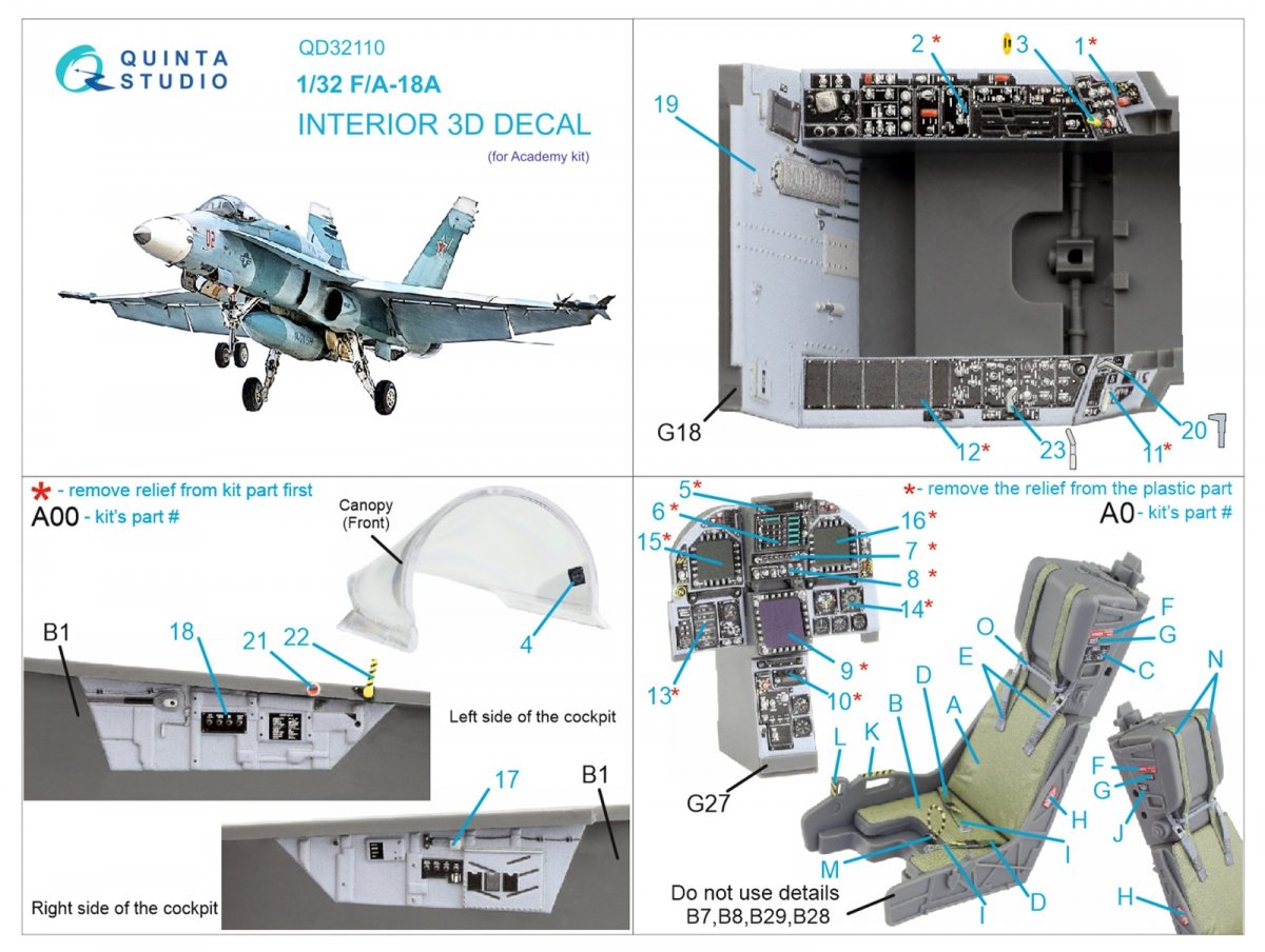 Quinta Studio QD32110 F/A-18A 3D-Printed &amp;amp; coloured Interior on decal paper (Academy) 1/32 – imagen 12
