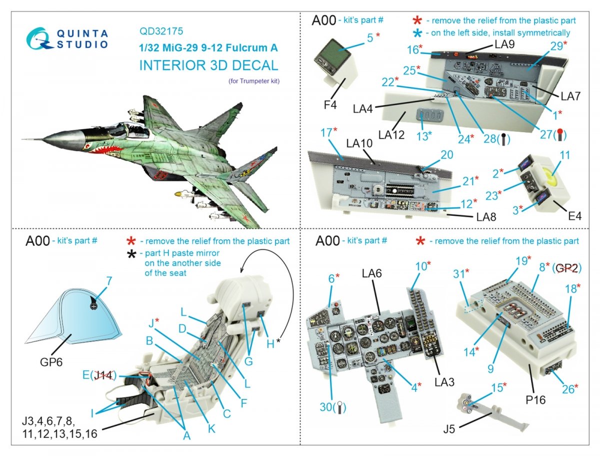 Quinta Studio QD32175 MiG-29 9-12 Fulcrum A 3D-Printed &amp;amp; coloured Interior on decal paper (Trumpeter) 1/32 – immagine 8