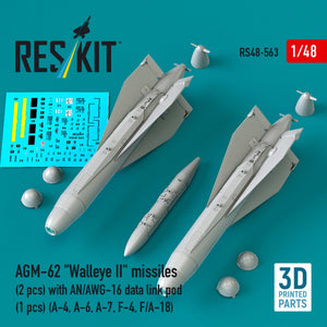 RESKIT RS48-0563 AGM-62 "Walleye II" missiles (2 pcs) with AN/AWG-16 data link pod (1 pcs) (A-4, A-6, A-7, F-4, F/A-18) (3D Printed) 1/48