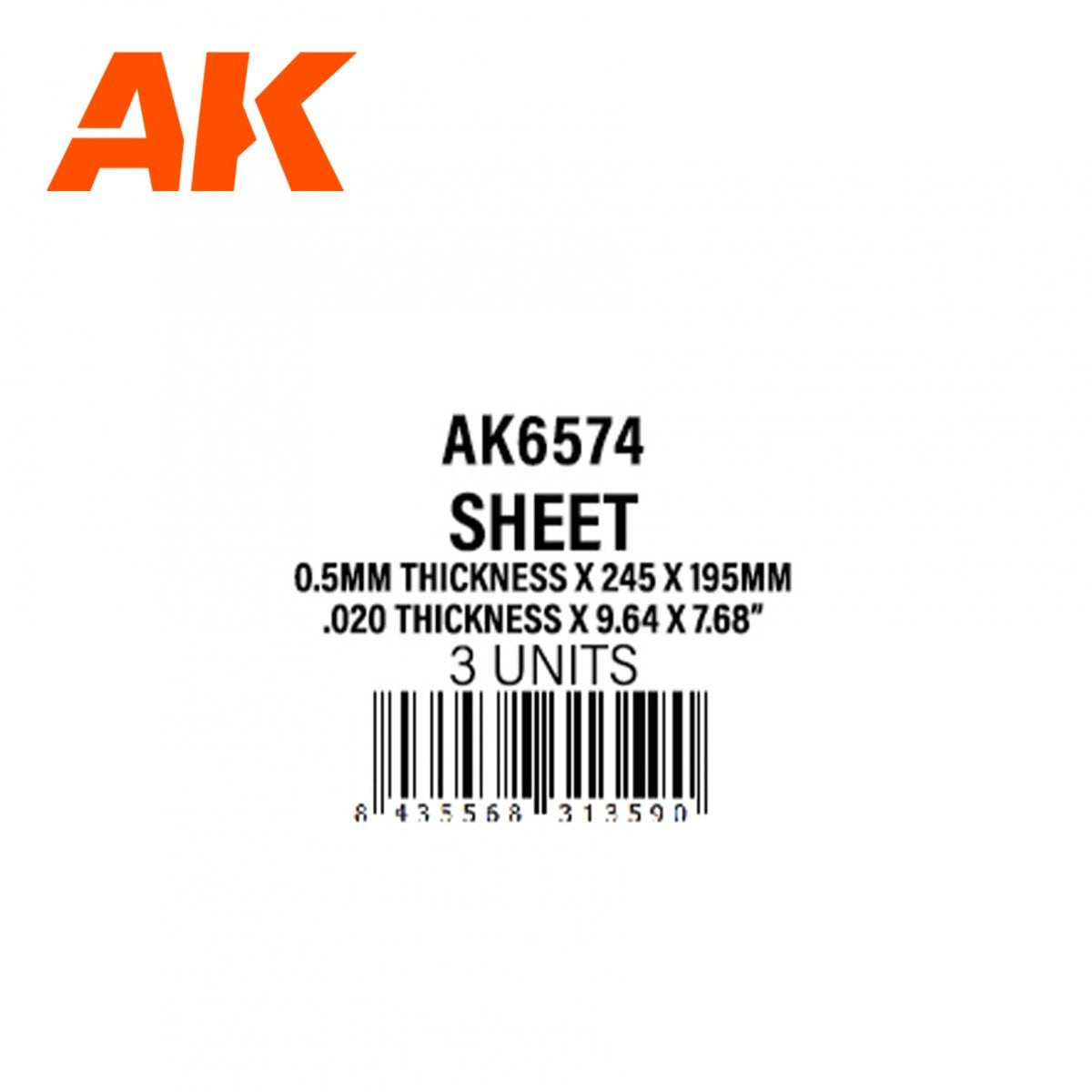 AK Interactive AK6574 0,5 MM D&amp;#39;ÉPAISSEUR X 245 X 195 MM – FEUILLE DE STYRÈNE – (3 UNITÉS) – image 2