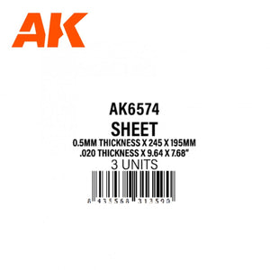 AK Interactive AK6574 0,5 MM D&amp;#39;ÉPAISSEUR X 245 X 195 MM – FEUILLE DE STYRÈNE – (3 UNITÉS) – image 2