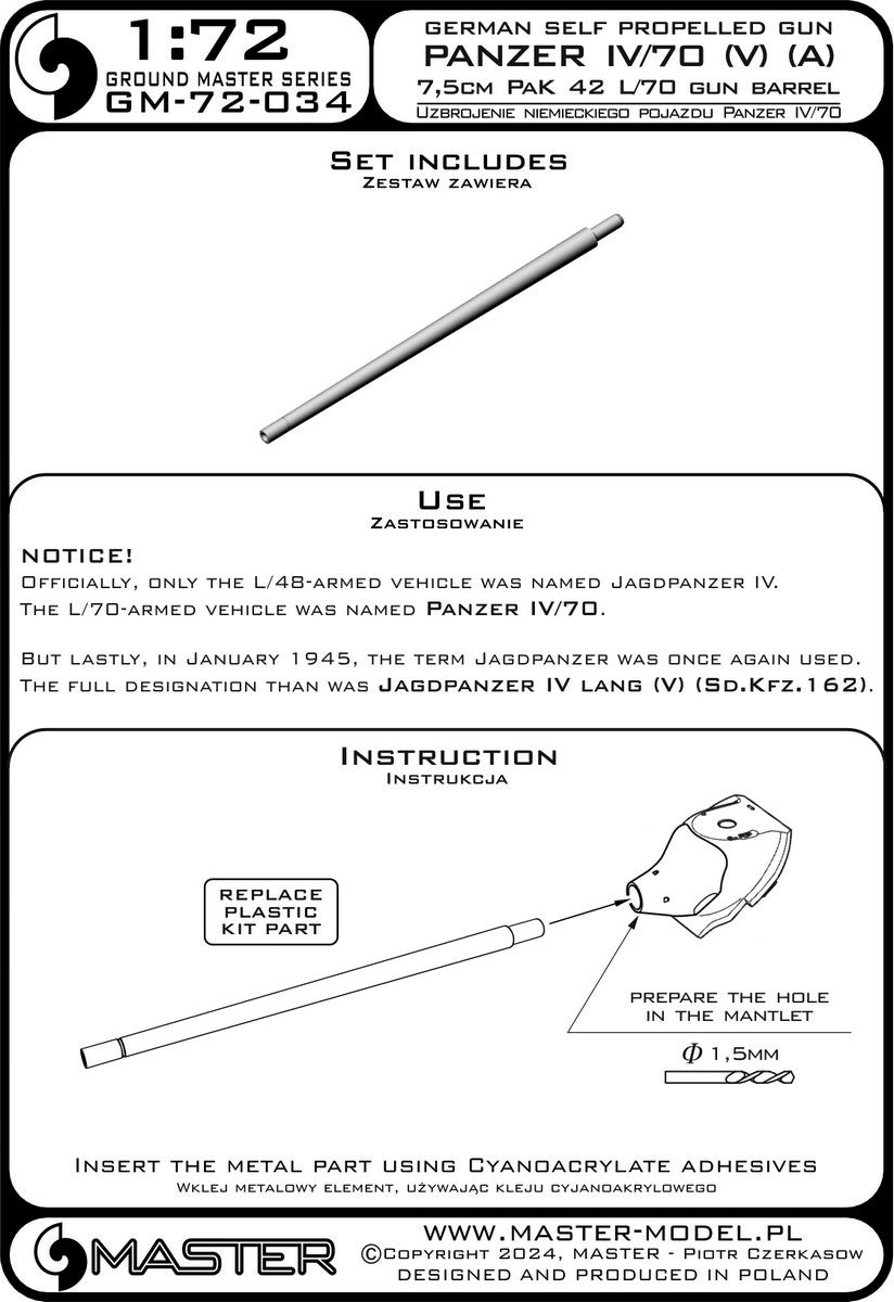 Master GM-72-034 Panzer IV/70 (A) &amp;amp; (V) - 7.5cm PaK 42 L/70 gun barrel 1/72 – image 3