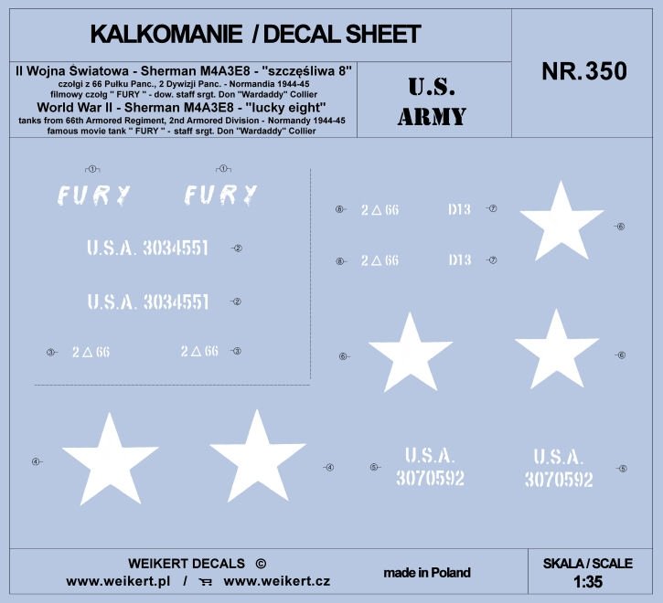 Weikert Decals DEC350 US ARMY - czołg Sherman M4A3E8, słynny filmowy czołg &amp;quot;FURY&amp;quot; 1/35