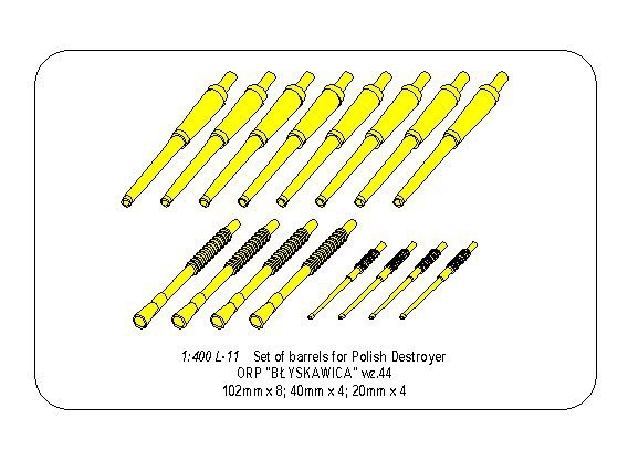 Ensemble de canons Aber 400 L-11 pour destroyer polonais ORP : 102 mm x 8 ; 40 mm x 4 ; 20 mm x 4 (1/400)