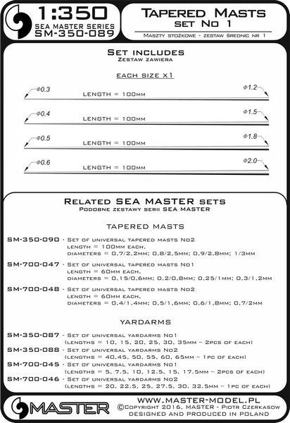Master SM-350-089 Set of universal tapered masts No1 (length = 100mm each, diameters = 0,3/1,2mm; 0,4/1,5mm; 0,5/1,8mm; 0,6/2mm) 1/350 – immagine 3