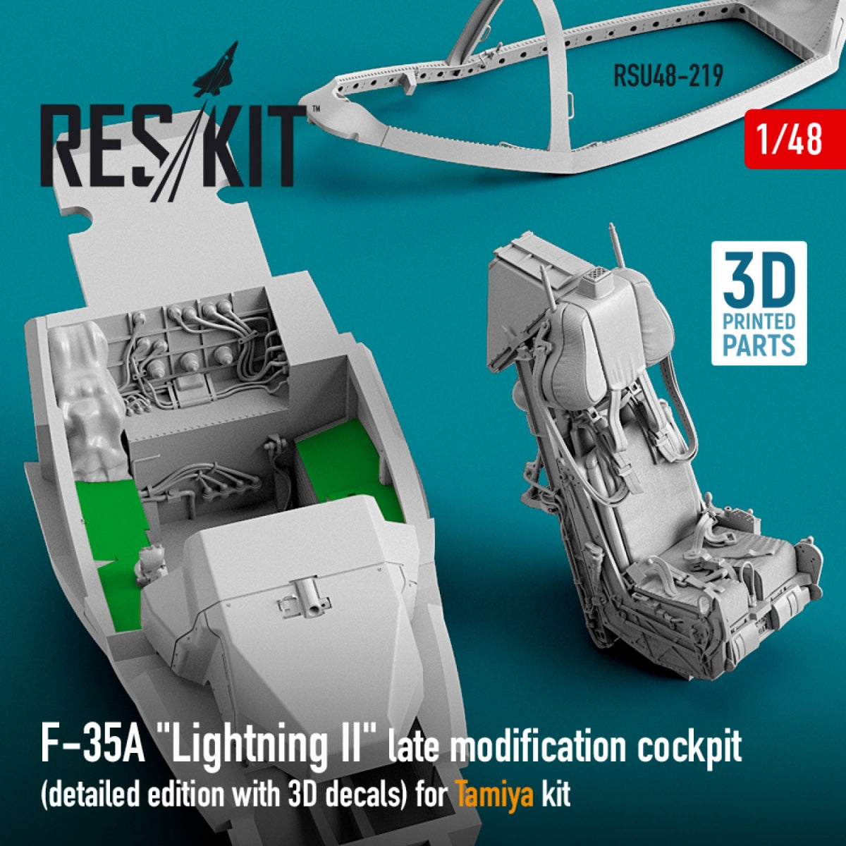 RESKIT RSU48-0219 F-35A &amp;quot;LIGHTNING II&amp;quot; COCKPIT (DETAILED EDITION WITH 3D DECALS) FOR TAMIYA KIT (3D PRINTED) 1/48 – immagine 3