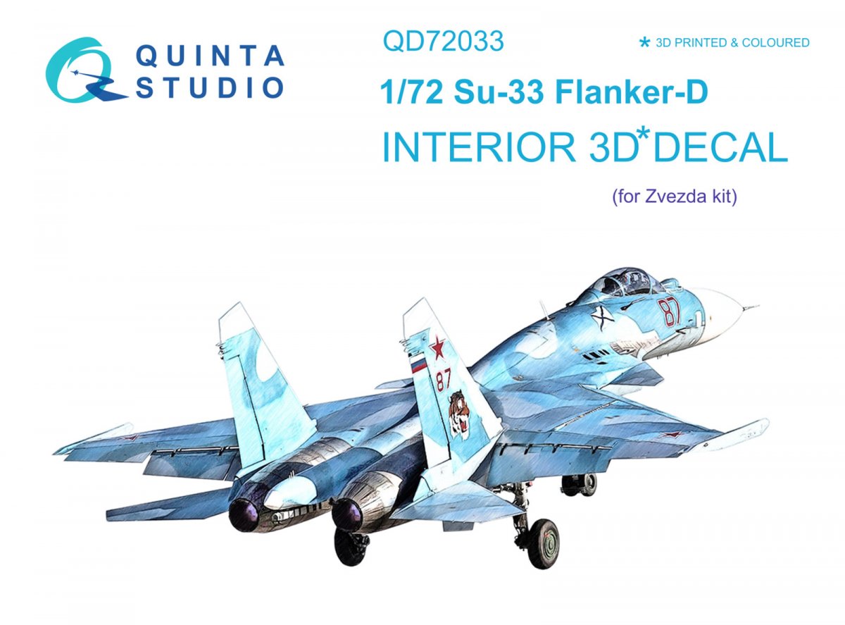 Quinta Studio QD72033 Su-33 Intérieur imprimé et coloré en 3D sur papier décalque (Zvezda) 1/72