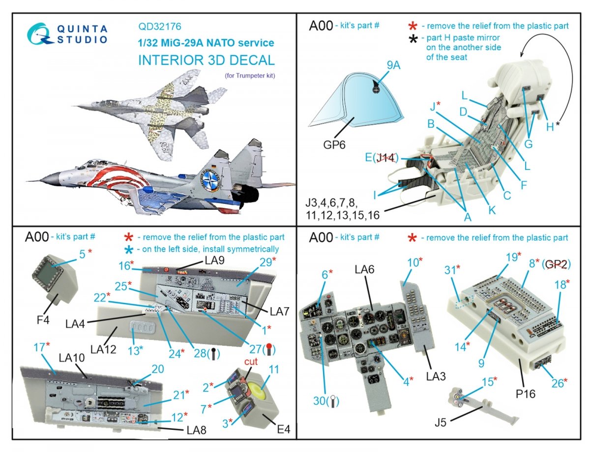 Quinta Studio QD32176 MiG-29A NATO service 3D-Printed &amp;amp; coloured Interior on decal paper (Trumpeter) 1/32 – immagine 8