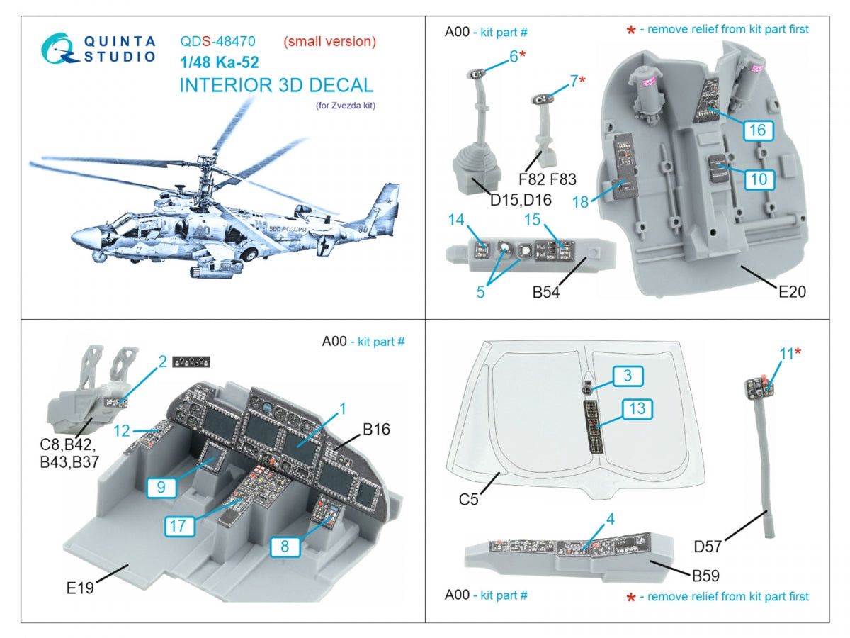 Quinta Studio QDS-48470 Ka-52 3D-Printed coloured Interior on decal paper (Zvezda) (Small version) 1/48 – immagine 2
