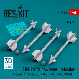 RESKIT RS48-0478 AIM-9D &amp;quot;Sidewinder&amp;quot; missiles (4 pcs) (3D Printed) 1/48