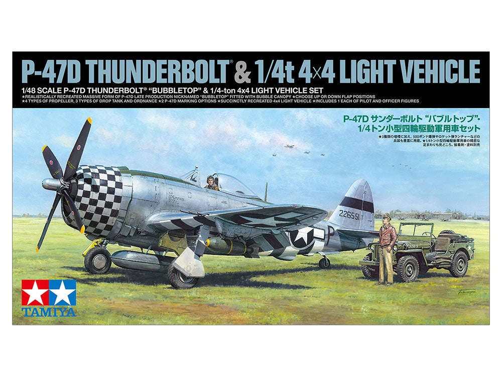 Tamiya 25214 P-47D Republic P-47D Thunderbolt &amp;quot;Bubbletop&amp;quot; &amp;amp; 1/4 ton 4x4 Light Vehicle Set 1/48 – immagine 2