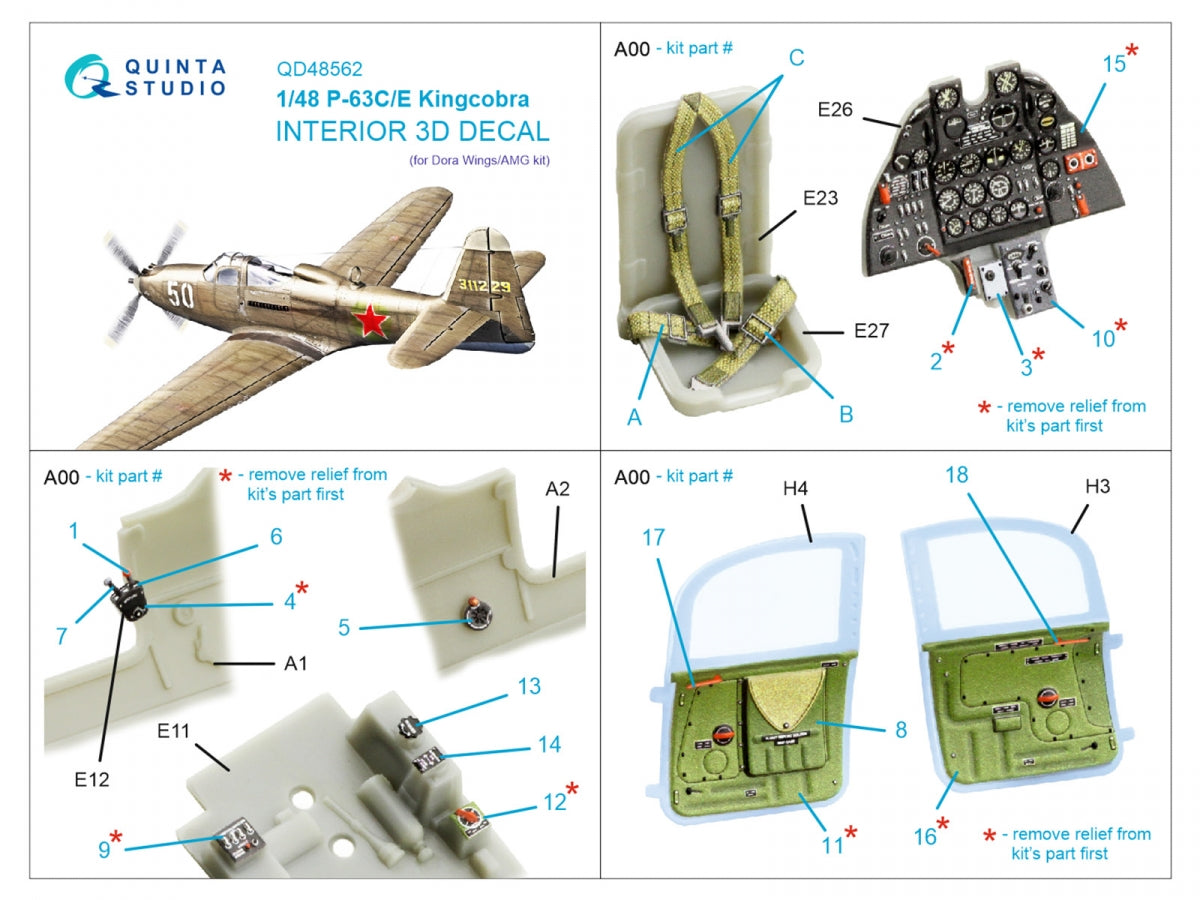 Intérieur imprimé en 3D et coloré sur papier décalcomanie Quinta Studio QD48562 P-63C/E Kingcobra (Dora Wings/AMG) 1/48 – image 5