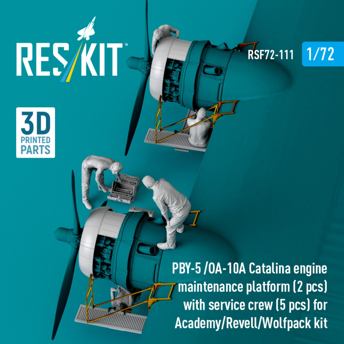 RESKIT RSF72-0111 PBY-5 /OA-10A Catalina engine maintenance platform (2 pcs) with service crew (5 pcs) for Academy/Revell/Wolfpack kit (3D Printed) 1/72