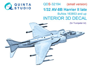 Quinta Studio QDS-32194 AV-8B Harrier II late 3D-Printed &amp;amp; coloured Interior on decal paper (Trumpeter) (small version) 1/32