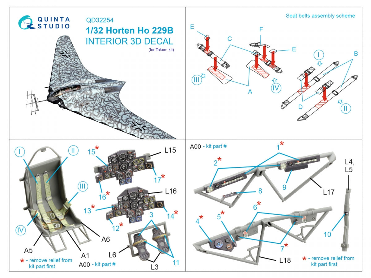 Quinta Studio QD32254 Horten Ho 229B 3D-Printed &amp;amp; coloured Interior on decal paper (Takom) 1/32 – zdjęcie 10