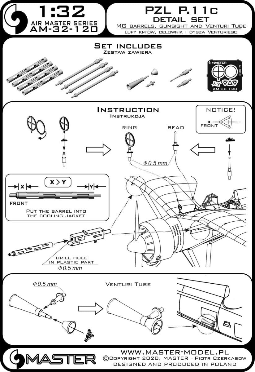 Master AM-32-120 PZL P.11c - zestaw detali - lufy karabinu wz. 33, celowniki oraz dysza Venturiego (do modelu IBG) 1/32 – immagine 7