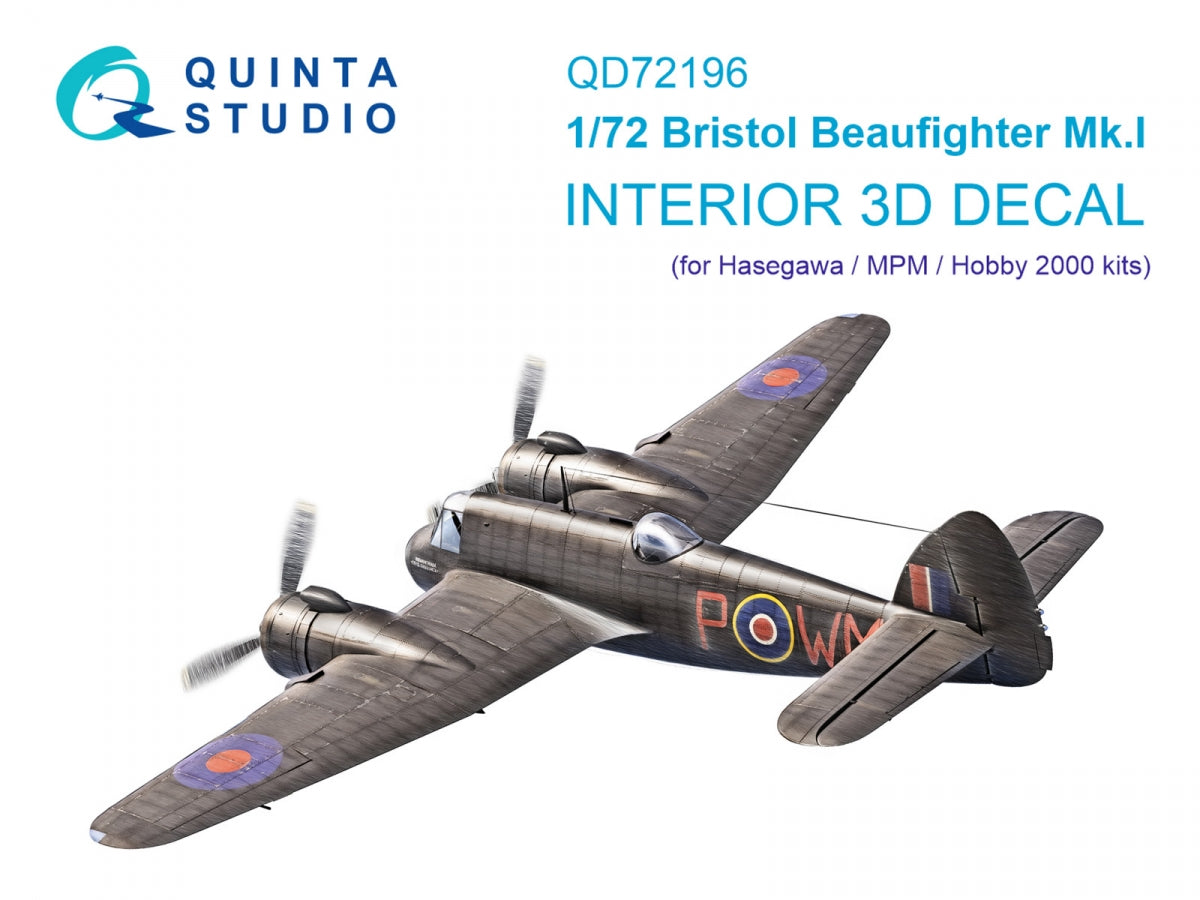 Intérieur coloré imprimé en 3D sur papier décalcomanie Quinta Studio QD72196 Bristol Beaufighter Mk.I (Hasegawa/MPM/Hobby2000) 1/72