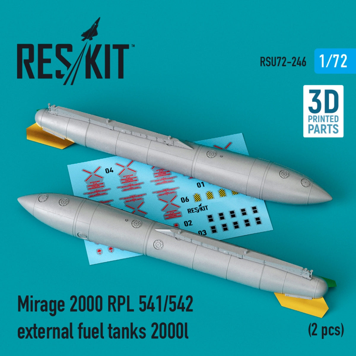 RESKIT RSU72-0246 MIRAGE 2000 RPL 541/542 RÉSERVOIRS DE CARBURANT EXTERNES 2000 L (2 PIÈCES) (IMPRIMÉS EN 3D) 1/72