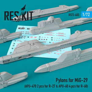 RESKIT RS72-0403 PYLONS FOR MIG-29 (APU-470 2 PCS FOR R-27 &amp;amp; APU-60 4 PCS FOR R-60) 1/72