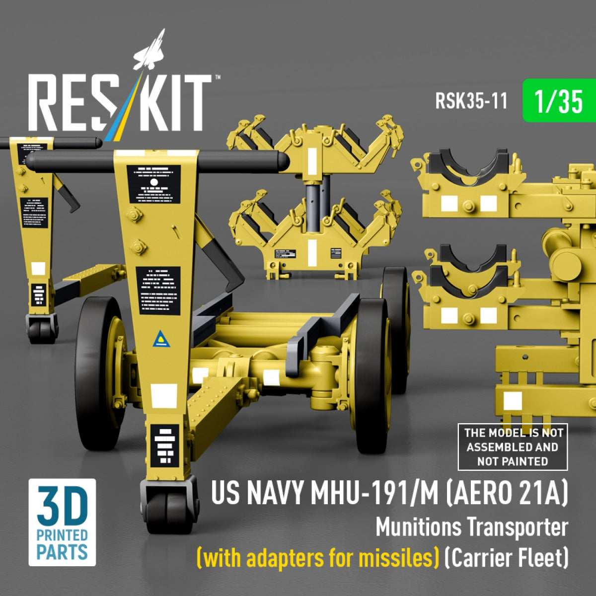 RESKIT RSK35-0011 US NAVY MHU-191/M (AERO 21A) Munitions Transporter (with adapters for missiles) (Carrier Fleet) (3D Printed model kit) 1/35 – immagine 5