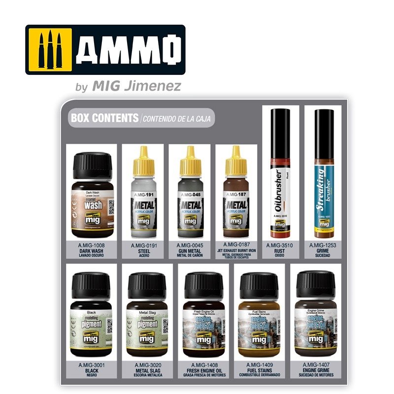 AMMO of Mig Jimenez 7804 SUPER PACK. WEATHERING FOR ENGINES. EFECTOS PARA MOTORES – immagine 2