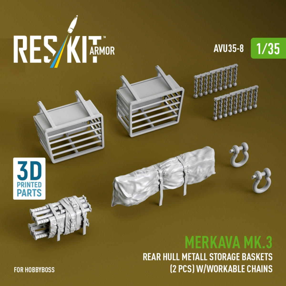 RESKIT AVU35-0008 Merkava Mk.3 rear hull metall storage baskets (2 pcs) w/workable chains for HobbyBoss kit (3D Printed) 1/35